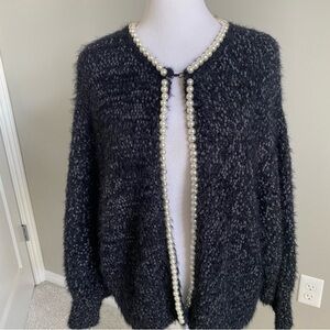 Anthropologie Black Pearl-Trim Bouclé Cardigan